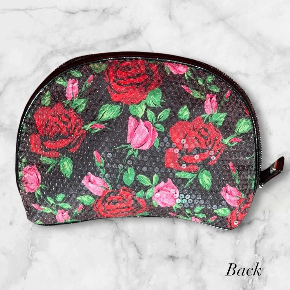 Sequined Betsey Johnson Floral Cosmetic Case BIG Makeup Bag Pouch Clutch leopard